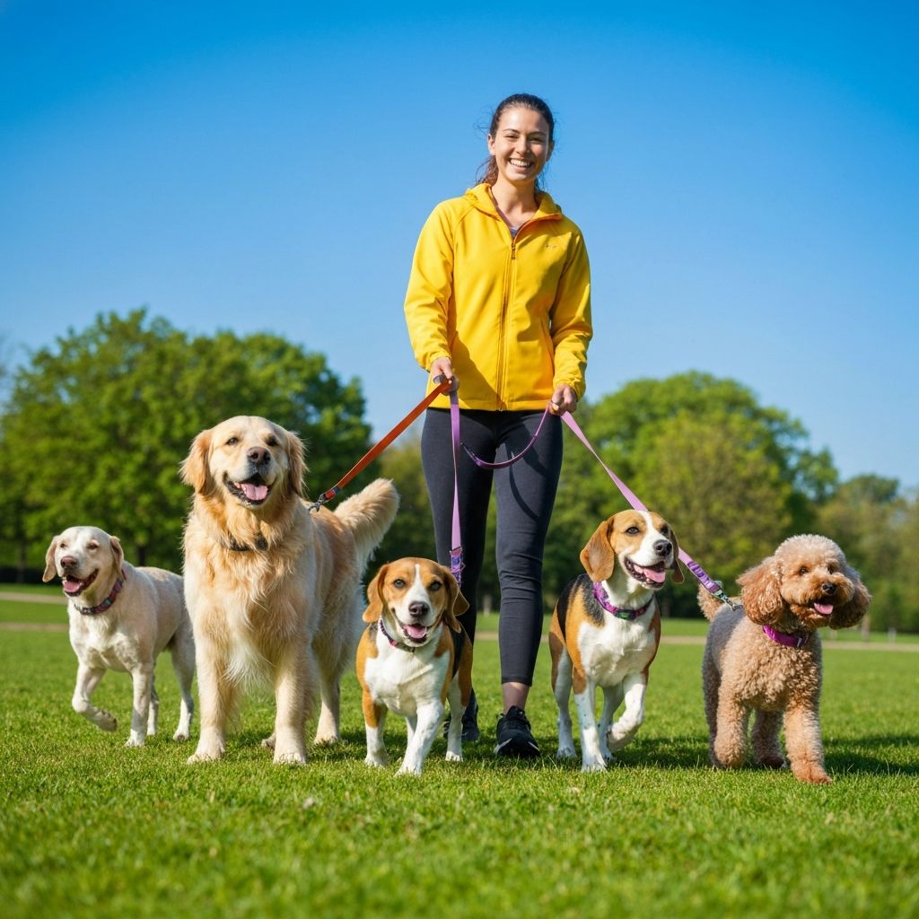 Happy dog walker with adorable dogs in a sunny park